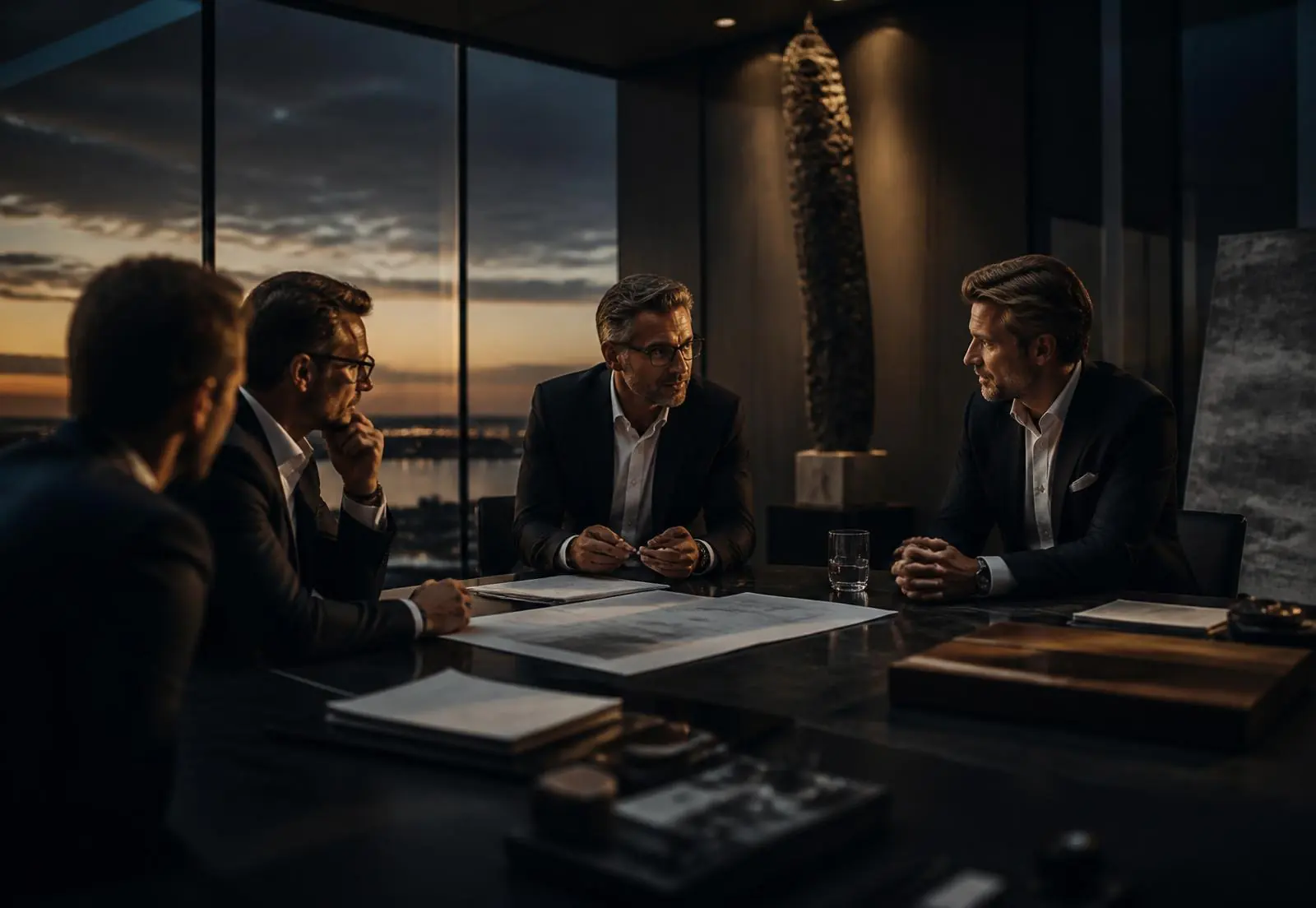 Reunião estratégica entre executivos em ambiente corporativo contemporâneo